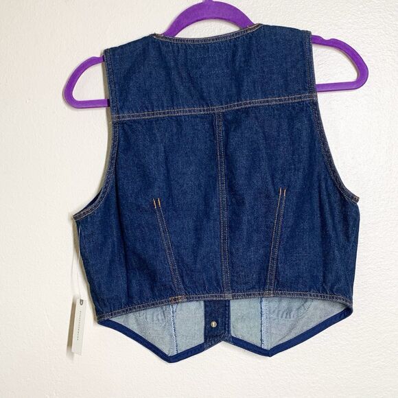Pilcro Anthropologie Denim Vest Top US 12 Dark Blue Cropped Pockets Cotton NWT - Picture 6 of 7